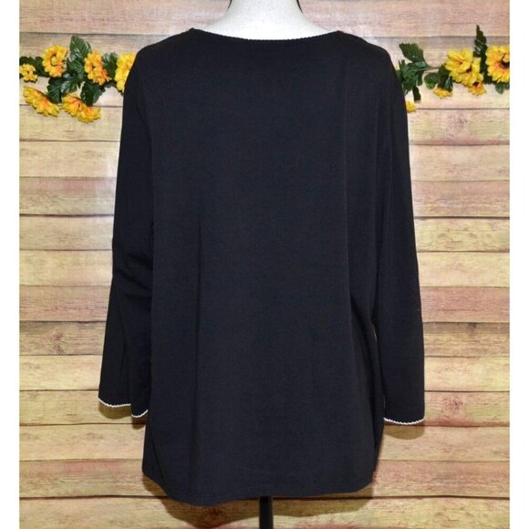 Alfred Dunner Ladies 1X Black Knit Top Scalloped Edge Beaded Floral 3/4 Sleeve - Picture 7 of 9
